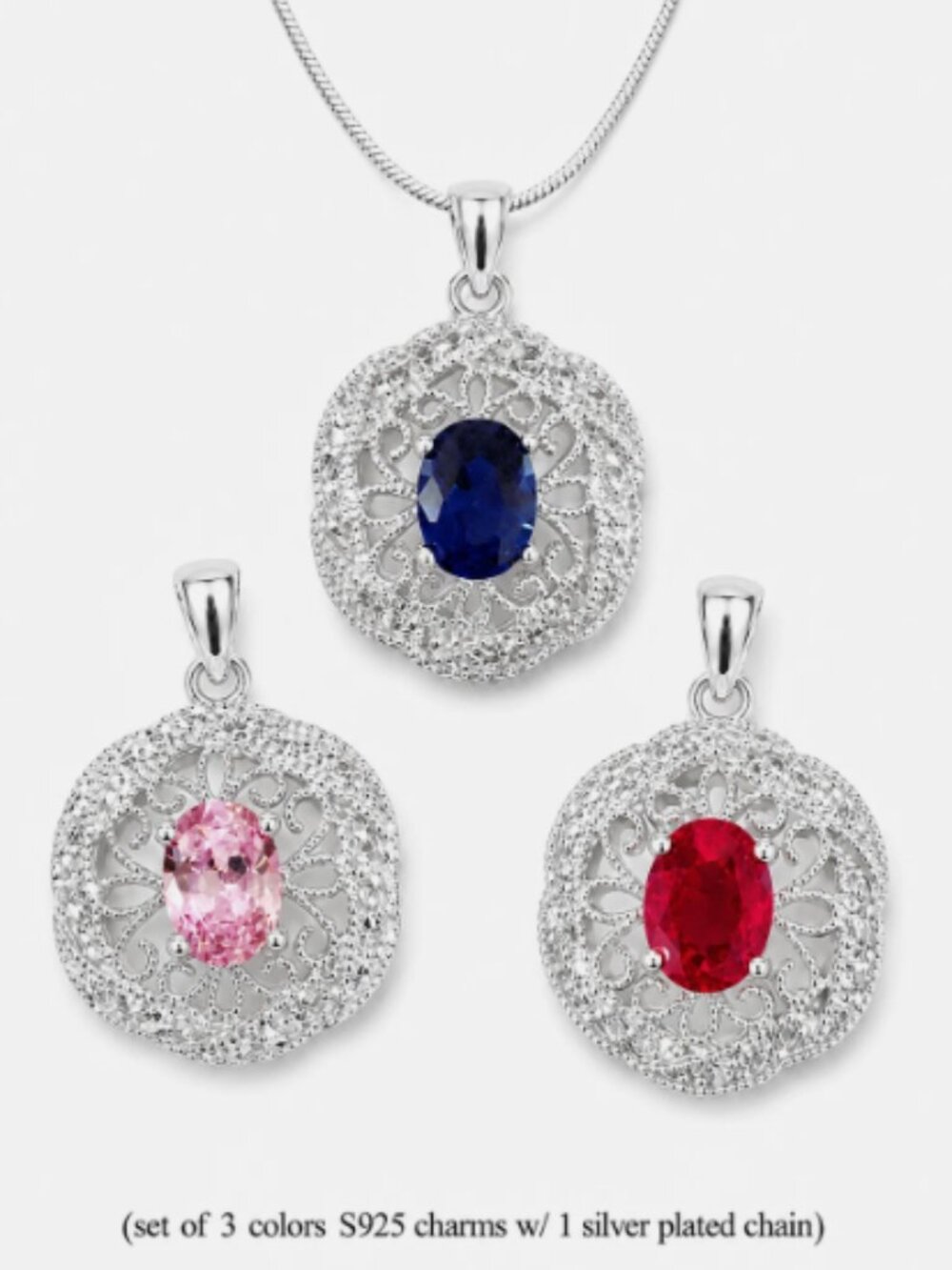 Set of 3 S925 Sterling Silver CZ Charm Pendants + 16" Silver Plated Chain PE1128